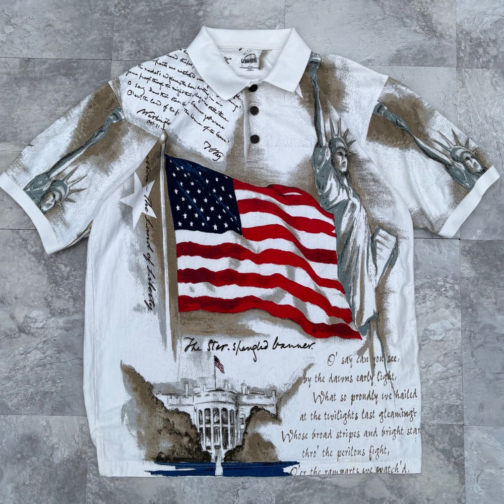 Guide Gear Mens Patriotic All Over Print Polo Shirt American Flag White L